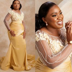 Africano Aso Ebi Plus Size Abiti per la madre della sposa Nigeria Sirena Illusion Abiti per la madre per le donne Eleganti per un matrimonio Maniche lunghe Abito da sposo in pizzo con perline AMM125