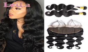 Malezyjskie 2 wiązki z 13 x 4 koronkowe czołowe 3pcsset fala ciała ludzkie włosy Virgin Hair wątki z zamknięciem5378714