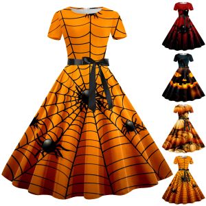 Kleid Damen Halloween Kleid Spider Fancy Pumpkin Print Kurzarm ALine Swing Kleider Abend Party Ballkleid 50er Jahre Vintage Kleidung