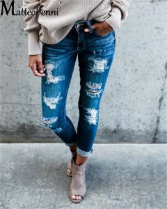 Jeans 2022 Bayan Yeni Kalem Kot Moda Yüksek Bel Yırtıcı Kot Pantolon Bayanlar Günlük Sıkı Sıkı Delik Stress Street Giyim Pantolon