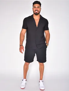 Tute da uomo Camicia estiva in cotone e lino Set Abito casual sciolto in 2 pezzi Abbigliamento per la casa Pigiama Comodo set da spiaggia traspirante a maniche corte