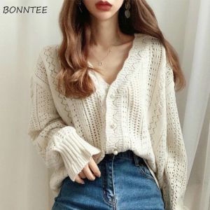 Cardigans Cropped Cardigan Women Spring Chic Hollow Out Elegant VNeck Korean Vintage Femme Jumper White Sweet Girls Pearls Lady Knitwear