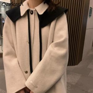 Blends Wool Blends Coats Women Button Drawstring Autumn Winter Sweet Pockets Single Breasted Patchwork Causal Midi Allmatch Leisure