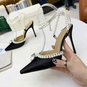 Fashion-High Heeled Sandals Leather Summer Women Fine Heel Heels Shoe Sexig Pearl Satin Womens Shoes Cloth Lady Diamonds Pointed Shoes