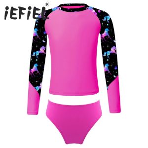 Maiô infantil para meninas, roupa de banho para praia, manga longa, estampado, top de natação com biquíni upf50 + rash guard, roupas de banho