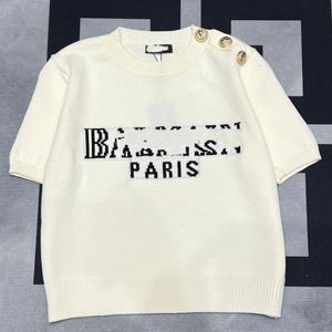 Women's logo letter print o-neck short sleeve buttons patchwork knitted sweater top shirts SML