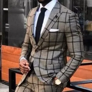 Suits Classic Dark Grey Plaid Wedding Suits For Men Slim Fit Peak Lapel Groom Tuxedos 2 Pieces Set Business Male Blazer Costume Homme