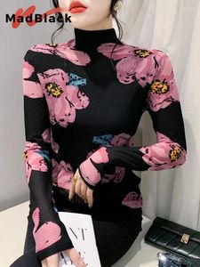 القمصان النسائية tshirt الأوروبية Tshirt Tshirt Women Turtleneck أزياء طباعة قمم شبكية رفيعة