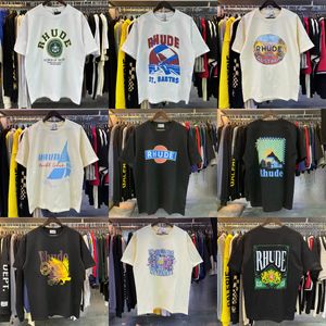 Erkek t Shirt Tasarımcı Gömlek Yaz Moda Kısa Kollu Tees 23SS Rhude Europe America Erkekler Kadın Yuvarlak Boyun Tshirts Pamuk Baskı Gömlek ABD S-XL