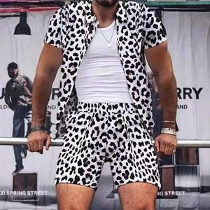 Fatos masculinos 2023 novo leopardo e tigre impressão conjunto masculino casual havaiano camisa de manga curta + shorts conjunto masculino secagem rápida praia 2 peças + tamanho j240305