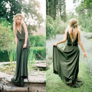 Bohemian Style Country Bridesmaid Spring New Spaghetti Low Cut Back Olive Green Chiffon Maid of Honor Wedding Dresses Cheap