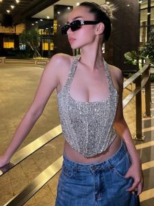 Camis paljetter hängande nacke halter topp ärmlösa vilda kläder y2k smal camiseta sin mangas sexig para mujer streetwear ropa de mujer