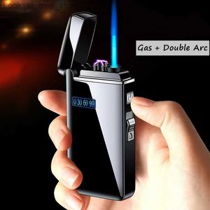 Lighters Windproof dual arc plasma USB light blue flame turbine butane gas light battery display mens small tools outdoor hot selling Q240305