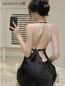 Kleid WOMENGAGA Neue Sommer Sexy frauen Sommer Heiße Eis Seide Schlinge Schlafen Mini Kleid Elegante Dünne Koreanische Stil Backless sexy GXWL