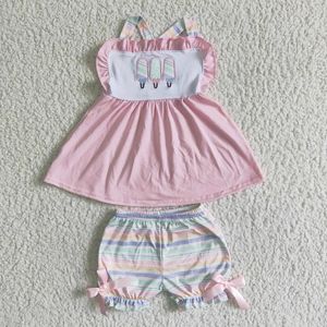 Clothing Sets Girl Pink Halter Top With Embroidery Popsicle Match Stripes Shorts Summer Outfit