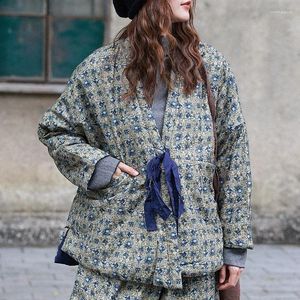 Women's Trench Coats qpfjqd żeńskie długie rękawy ciepłe zimowe parkas 2024 Kobiety luźne chiński styl retro bandaż kwiatowy bandaż w dekolcie