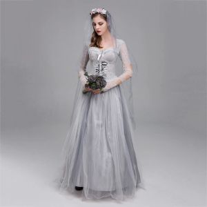 Klä skräck Ghost Bride Halloween Cosplay Costume Women's Wedding Fancy Party Dress with Veil Carnival Party Masquerade Uniforms