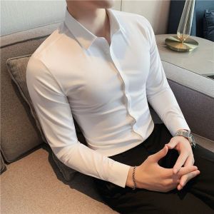 Skjortor för män 2023 Ny långärmad formell slitage camisas de hombre solid casual elastisk smal fit klänning kemis homme män