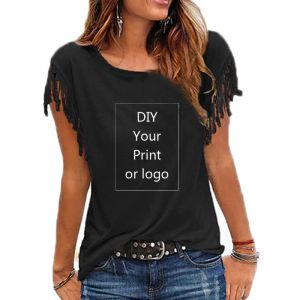 Camiseta com estampa personalizada para mulheres, faça você mesmo, sua foto ou logotipo, top de algodão com borla, manga curta, pescoço, camiseta de algodão