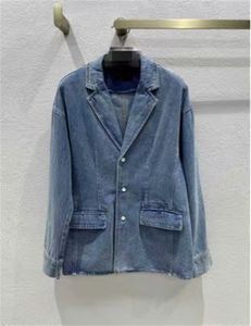 2024 Vinatge Blue Lapel V Neck långa ärmar Demin Women's Demin Coats Designer Single Button Pockets Long Jackets 30611