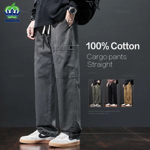 Oussyu marca roupas dos homens calças de carga 100 algodão cor sólida trabalho wear em linha reta grosso casual calça coreano jogger masculino 240315