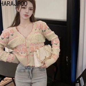 Cardigans harajpoo lös Vneck Flower Hollowed ut stickad Cardigan 2023 Autumn Elegant Women Small Fragrant Style Simple Short Sweater