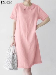 Vestido zanzea manga curta lapela cor sólida vestido de verão novas mulheres verão na altura do joelho vestido femme moda casual férias solto robe 2023