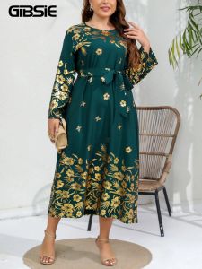 Dresses GIBSIE Plus Size Women's Gold Print ONeck Belted Dress 2023 Spring Fall Ladies Vintage Loose Casual Long Sleeve Maxi Dresses