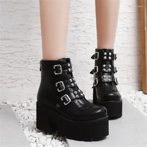 Botas Pxelena Biker Combate Mulheres Plataformas Chunky Bloco Alto Salto Punk Sapatos Gótico Rebite Fivela Tornozelo Militar Grande Tamanho 34-45