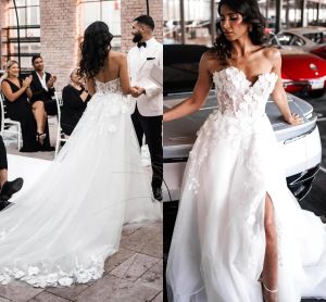 Summer Bohemian Lace Tulle Wedding Dresses A Line Sweetheart Backless Appliques Split Long Bridal Gowns BC18156