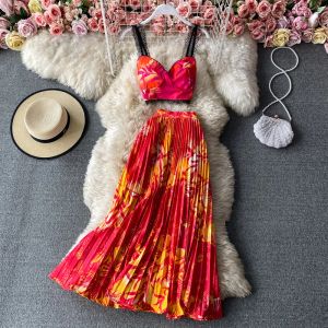 Sukienki Kobiety kwiatowy nadruk górna top wysoka w wysokiej spódnicy Zestaw Dwie kawałki zawiesia plon top big huśtawka garniturka elegancka strój femme vestido