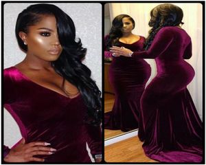 Sexy Long Prom Dresses 2020 Mermaid V Neck Long Sleeve Party Dress Dark Purple African Velvet Prom Dress for Black Girls1590783