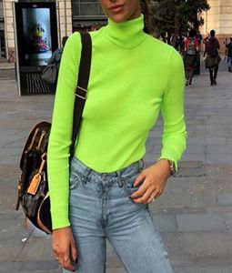 Einfarbiges Harajuku-Rollkragen-Baumwoll-T-Shirt Neongelb-Grün Gestricktes Crop-Langarm-Top im koreanischen Stil Haut Femme 211721527
