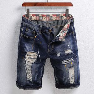 Rasgado remendo calças de brim curtas dos homens verão esfarrapado cinco centavos mendigo denim calças estilo britânico alta qualidade tendência jeans masculinos 240227