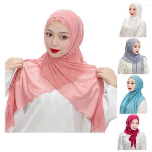 Ethnic Clothing Beading Elastic Mesh Elegant Women Muslim Hijab Malaysia Islamic Arab Shawl Turban Solid Color Headwrap Foulard Headscarf