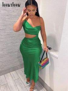 Klänning Hawthaw Women Elegant Party Club Evening Birthday Hollow Out BodyCon Stain Green Long Dress 2022 Summer Clothes Streetwear