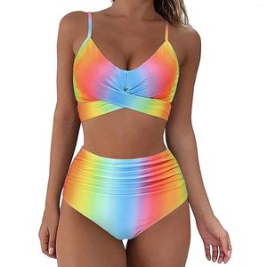 Damen-Bademode, Sommer-Taillen-Bikini-Up-Badeanzug, Bandage, Damen-Beachwear, Push-Zweiteiler, hoher Farbdruck, 2er-Pack, geteilt