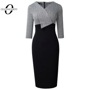 Klänning Autumn Women Classy Black and Grey Patchwork Dresses Business Office Elegant Sheath Dress EB790