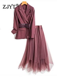 Suits ZJYT Office Lady Blazer Suits Mesh Skirt 2 Piece Dress Sets Women Outfit Elegant Spring Fashion Conjuntos De Falda Vestidos Top