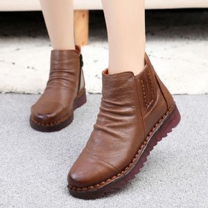 2024 New Autumn and Winter Genuine Leather Womens Shoes Soft Sole Flat Bottom Short Boots Womens Plush Mom Cotton Shoes Womens Boots