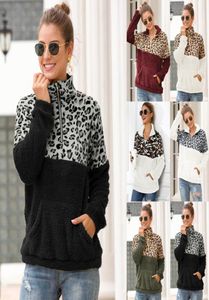 10 kolorów Sherpa Kobiety lampart patchwork pullovers zimowa bluza z długim rękawem miękka polarowa płaszcz znamionowy z pock7862894