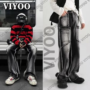 Herrkvinnor y2k jeans överdimensionerade denim byxor raka byxor lapptäcke svart gotiska baggy jeans y2k streetwear techwear män 240222