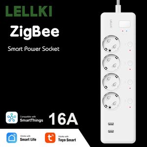 Lellki Zigbee Power Strip KR USB Plug Tuya Smart Life Home Timer 16A 220V Tyskland EU Socket Cord Alexa SmartThings 240228