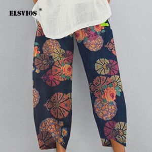 Capris Vintage Baskılı Harem Pantolon Kadınlar Pantolonlar Sıradan Elastik Bel Pamuk Keten Geniş Bacak Pantolon Gevşek Pantalon Artı Boyut Pantolon