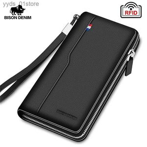 Money Clips BISON DENIM Genuine Leather Mens Wallet RFID Blocking Long wallet Coin Case Passport Cover For Mens Credit Card Holder W8226 L240306