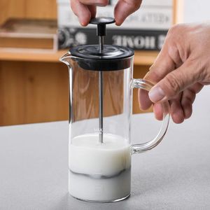 Manual Milk Frother Glass Foamer Coffee Pot Mesh French Press Maker Jug Mixer Creamer Kitchen Tools 240304