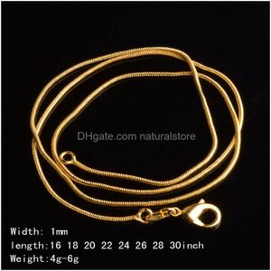 Correntes 1mm 18k banhado a ouro cadeias de cobra 16-30 polegadas ouro suave lagosta fecho colar para mulheres senhoras moda jóias em bk gota de dhgco