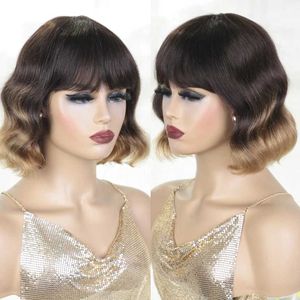 Hair Wigs Short Pixie Bob Cut Human Hair Wigs With Bangs Body Glueless Wig Highlight Honey Body Wave Blonde Colored Wigs For Women 240306