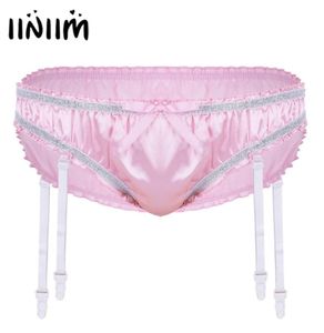 Iiniim Mens Lingerie光沢のある伸縮性サテンフリル並んで並んでいるシッシーブリーフスジョックストラップ下着ゲイの男性パンティープラスチックガーター3677560420