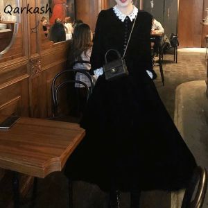 Платье Бархатные платья Женские лоскутные темпераментные черные элегантные свободные подростковые хипстерские ретро во французском стиле с длинным рукавом для женщин